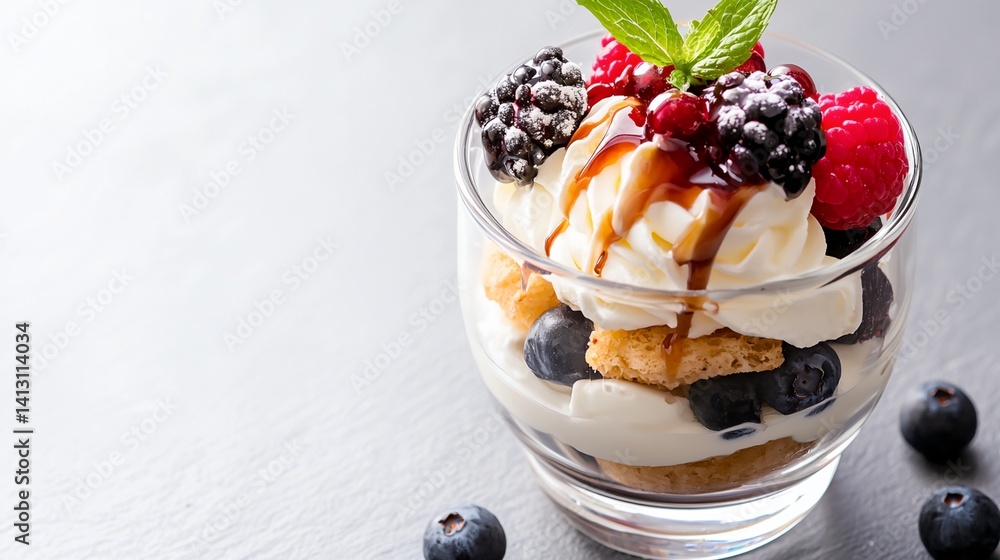 A dessert with blueberries and raspberries in a glass bowl