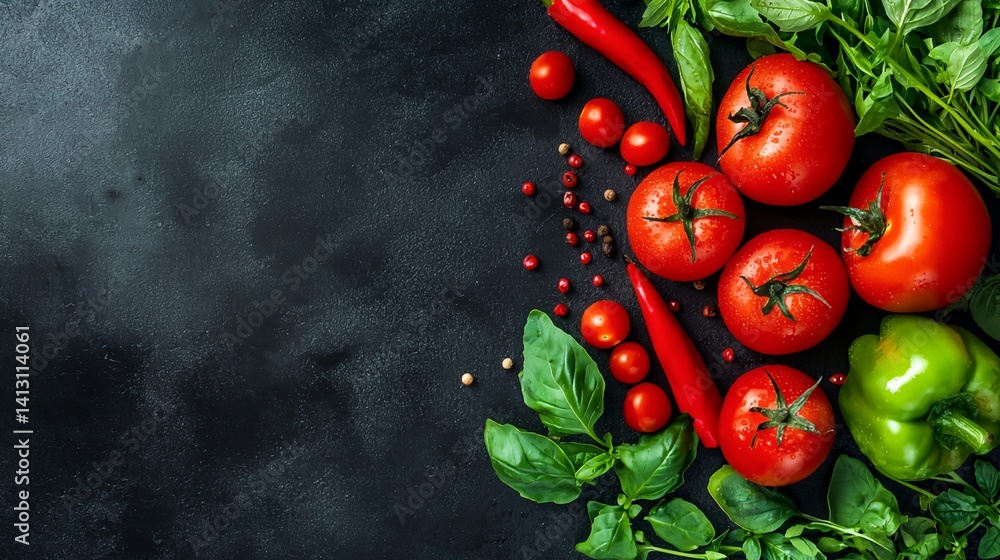 A black background with a variety of vegetables