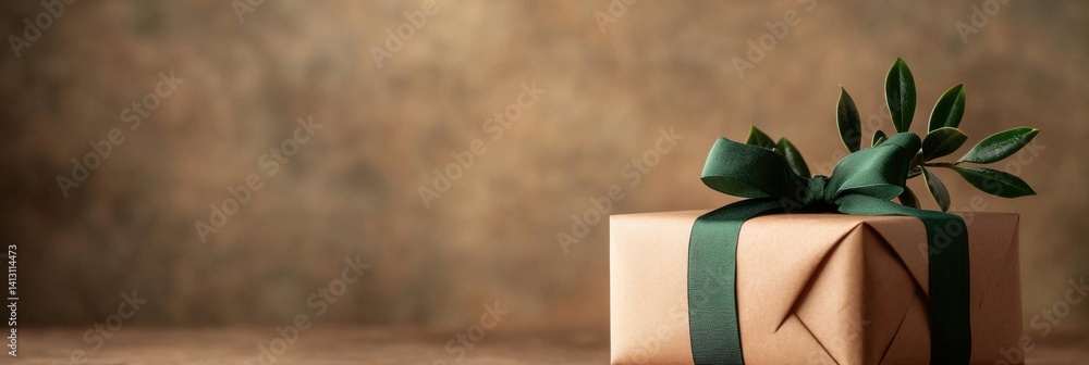 a present wrapped in brown paper with a green ribbon