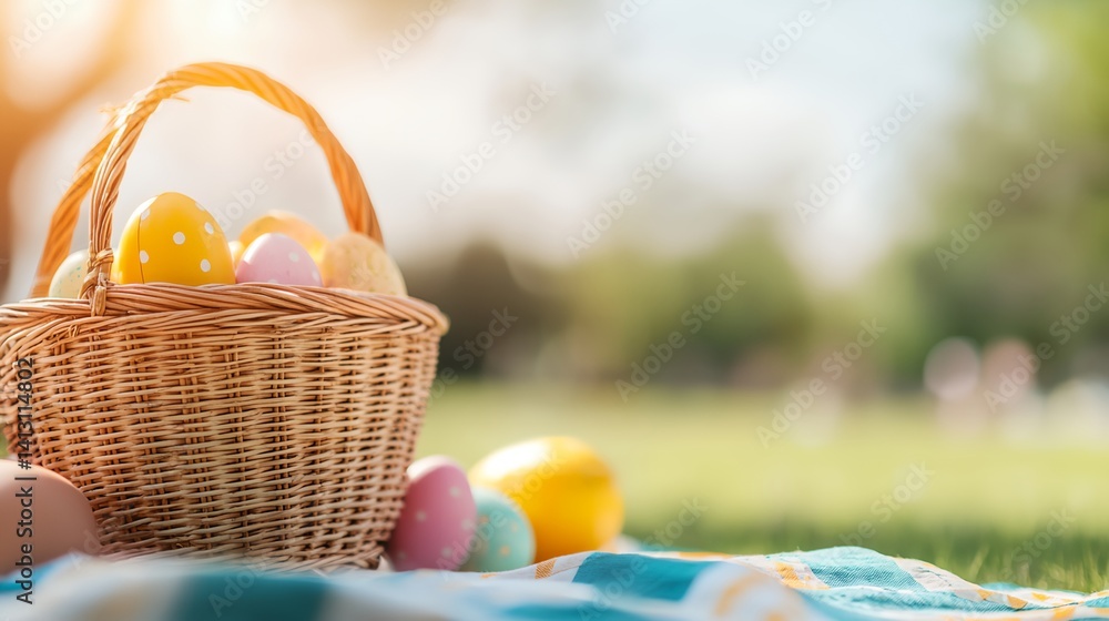 a basket with eggs on a blanket in a park setting