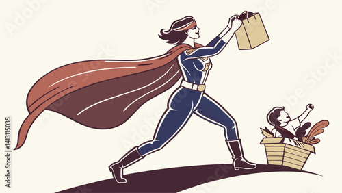 Super Mom Running Grocery Shopping with Child
