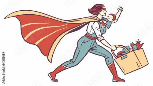 Super Mom grocery shopping with baby, cape flowing