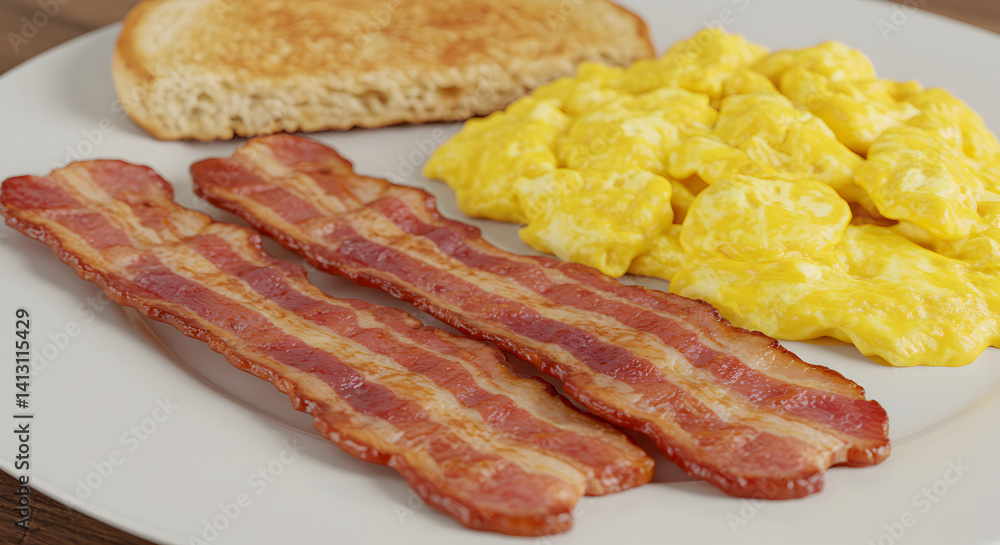 Crispy Bacon With Scrambled Eggs And Golden Toast For A Delicious Breakfast Crispy Bacon With Scrambled Eggs And Golden Toast For A Delicious Breakfast