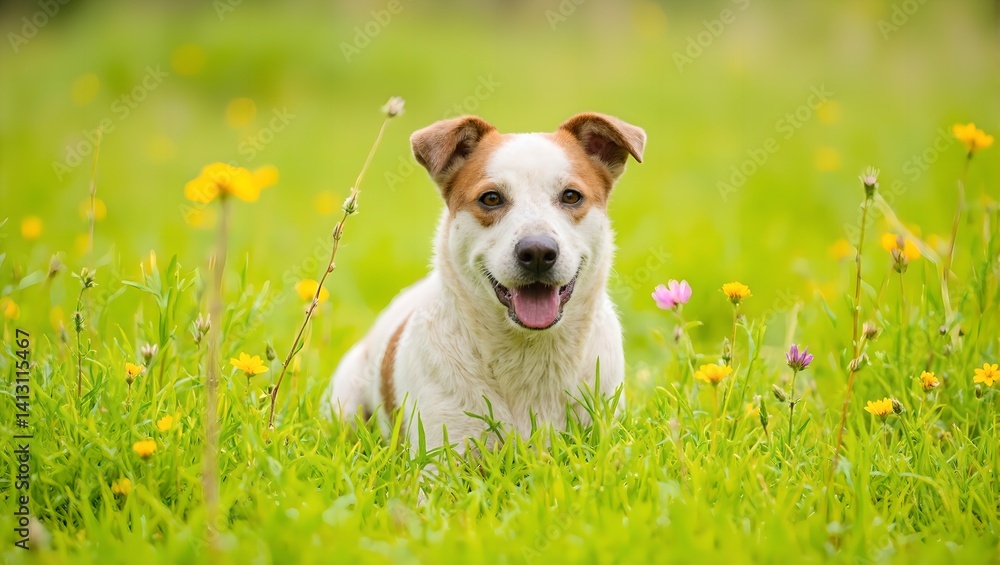 Vibrant portrait of Jack Russell terrier in sunlit meadow exuding energy against backdrop of colorful wildflowers Vibrant portrait of Jack Russell terrier in sunlit meadow exuding energy against backdrop of colorful wildflowers