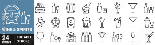 Wine and spirits web line icons. drinks and bar. Cocktail, mocktail, bar, wine, beer. Vector outline icons set.
