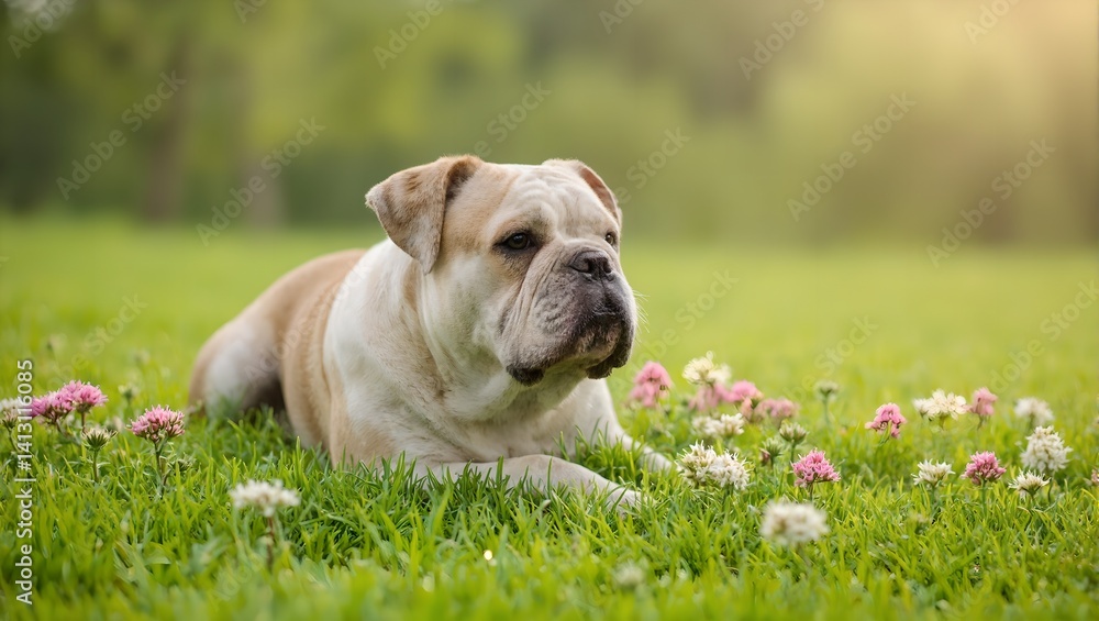 Tranquil bulldog resting in a field of wildflowers at sunrise exuding peace and grace Tranquil bulldog resting in a field of wildflowers at sunrise exuding peace and grace