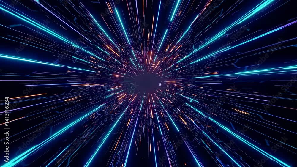 Abstract digital radial light trails with vibrant neon blue purple and orange colors speeding outward creating sense of motion energy and technology theme for dynamic backgrounds Abstract digital radial light trails with vibrant neon blue purple and orange colors speeding outward creating sense of motion energy and technology theme for dynamic backgrounds