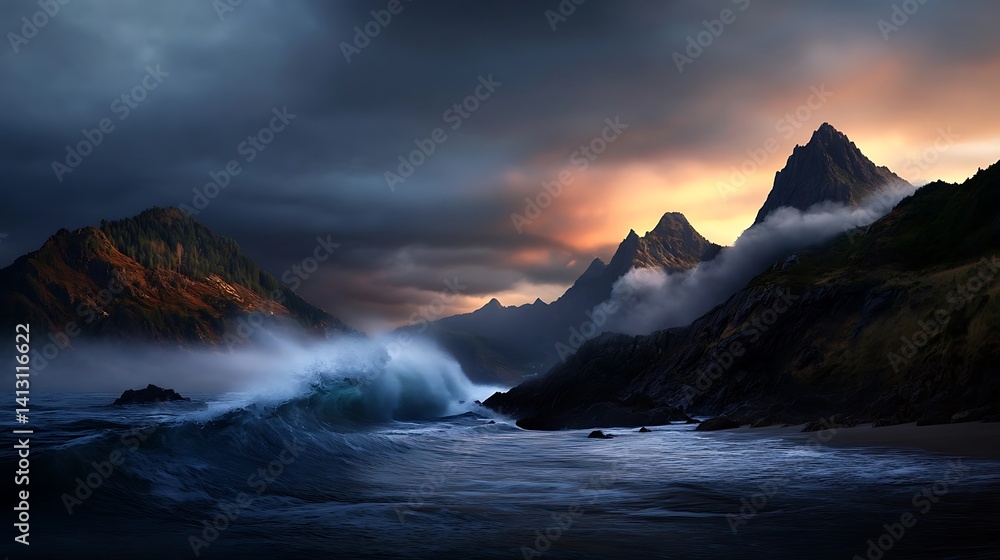 Naklejka premium Dramatic mountain range meets turbulent ocean at sunset.