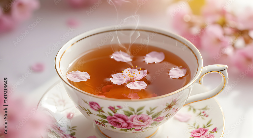 Aromatic Springtime: Tea Infusion with Blossoming Cherry Petals in Vintage Cup Aromatic Springtime: Tea Infusion with Blossoming Cherry Petals in Vintage Cup