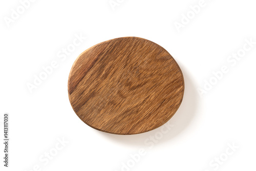 Wooden empty round cutting board isolated on white background. Top view, flat lay. Cooking concept. Space for design.
