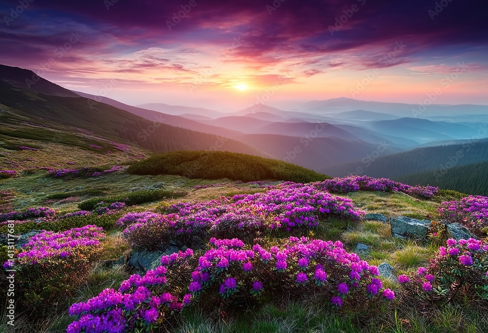 Rhododendrons at mountain sunset. For travel or art-related searches. Purple blooms against sunset symbolize vitality amid closure. Rhododendrons at mountain sunset. For travel or art-related searches. Purple blooms against sunset symbolize vitality amid closure.