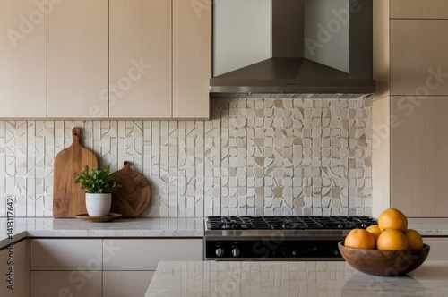 A modern kitchen design featuring wooden elements and a stove