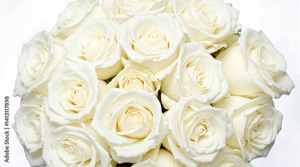 Fototapeta premium Wedding bouquet of white rose flowers close up. Beautiful floral arrangement symbolizing pure love and romance. Elegant beauty concept.
