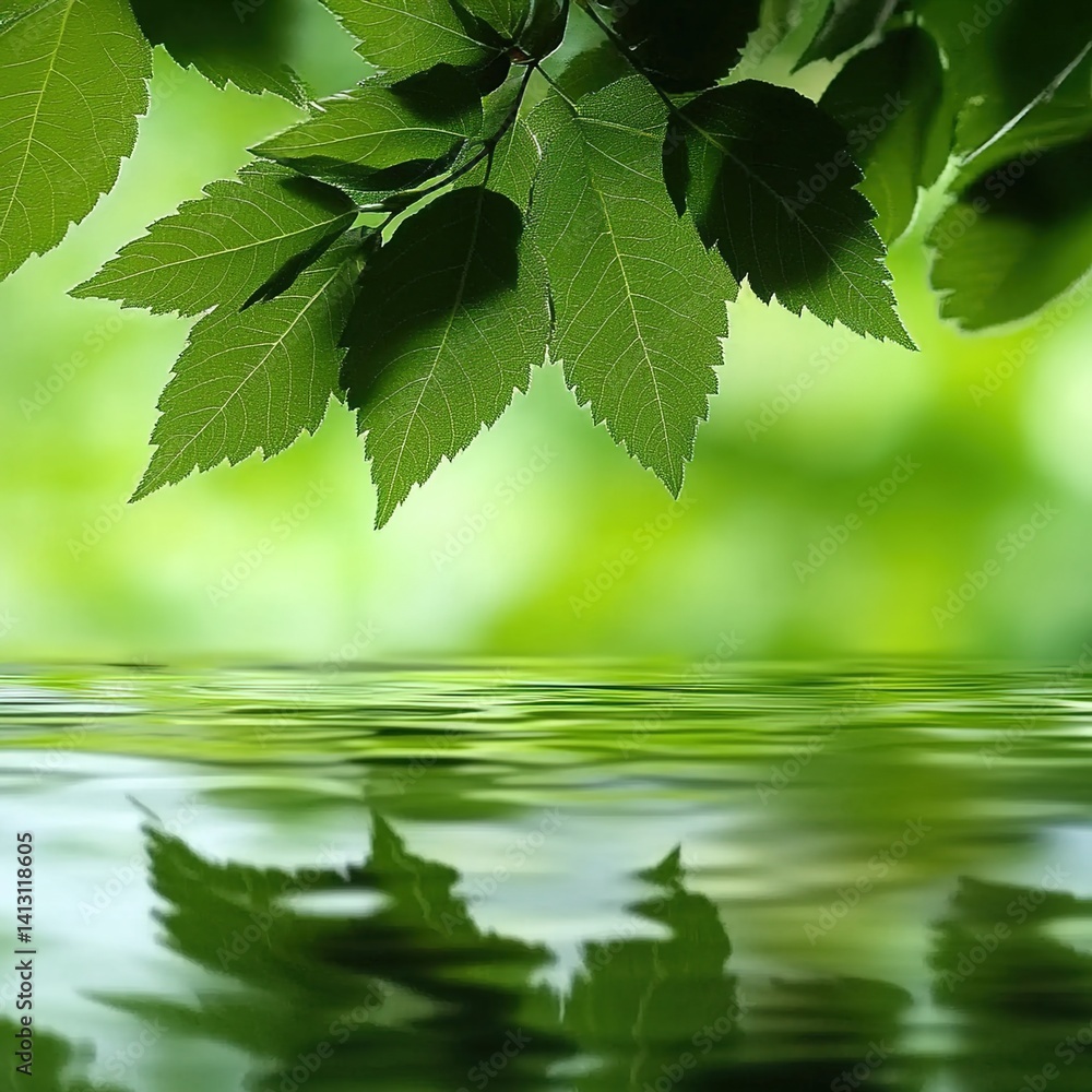 Fototapeta premium Leaves over water. A close-up of green leaves reflecting on rippling water, symbolizing peace and natural simplicity. Suitable for calming visuals in decor, websites, or mindfulness apps.