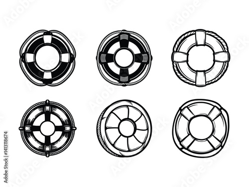Vintage lifebuoy ring collection for beach and rescue silhouette isolated on white background