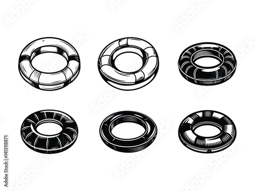 Inflatable swim ring and float tube collection silhouette isolated on white background