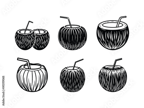 Tropical coconut drink with straw vector set silhouette isolated on white background