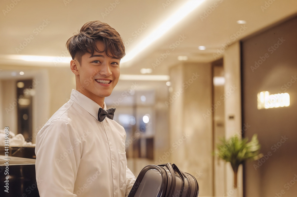The image shows a person wearing a white shirt with a black bow tie, holding a suitcase in a well-lit, modern setting that appears to be a hotel or a similar establishment