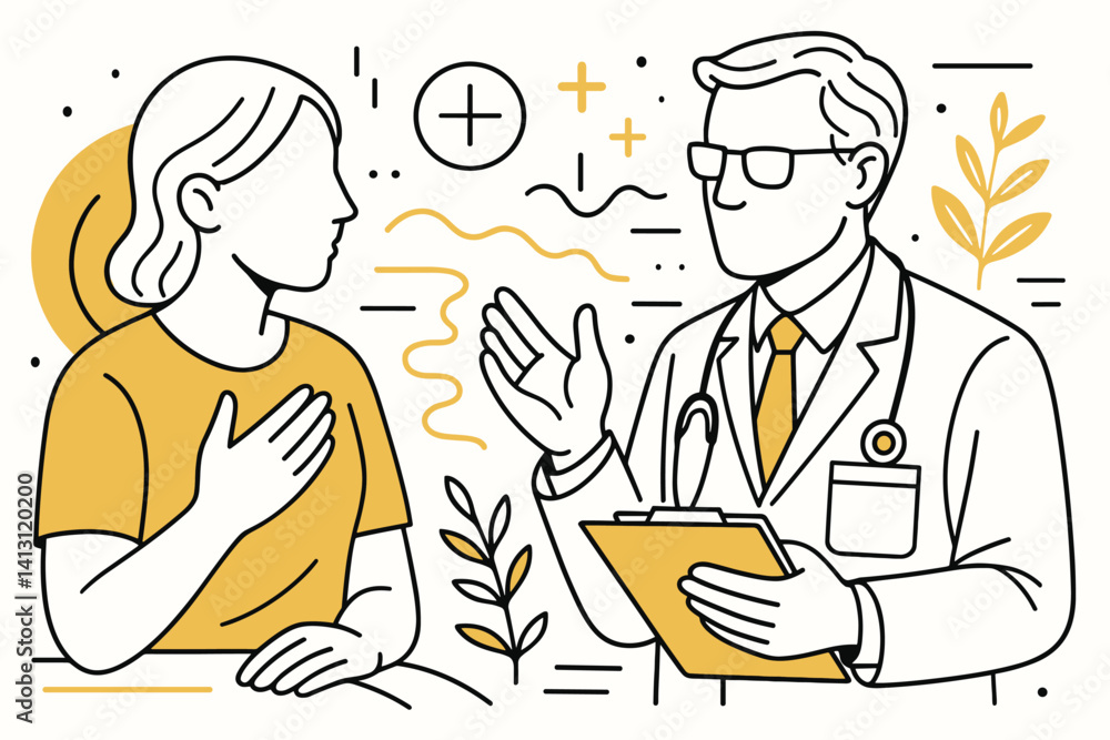Doctor and patient. Modern flat line art illustration. Trendy outline vector graphic elements. Creative concept. Black and yellow colors isolated on white background