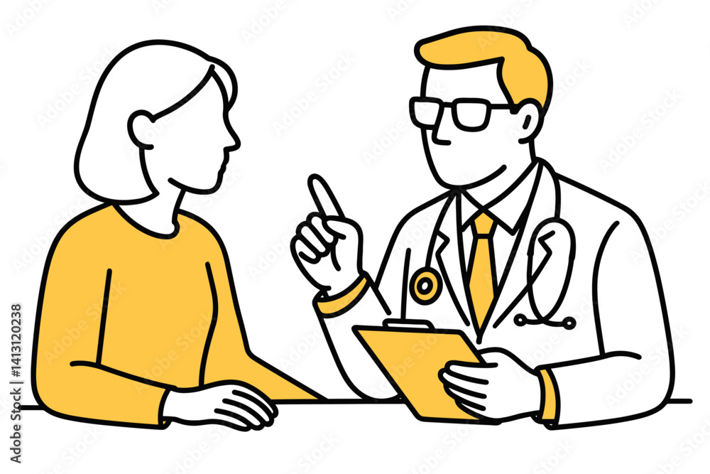 Doctor and patient. Modern flat line art illustration. Trendy outline vector graphic elements. Creative concept. Black and yellow colors isolated on white background Doctor and patient. Modern flat line art illustration. Trendy outline vector graphic elements. Creative concept. Black and yellow colors isolated on white background
