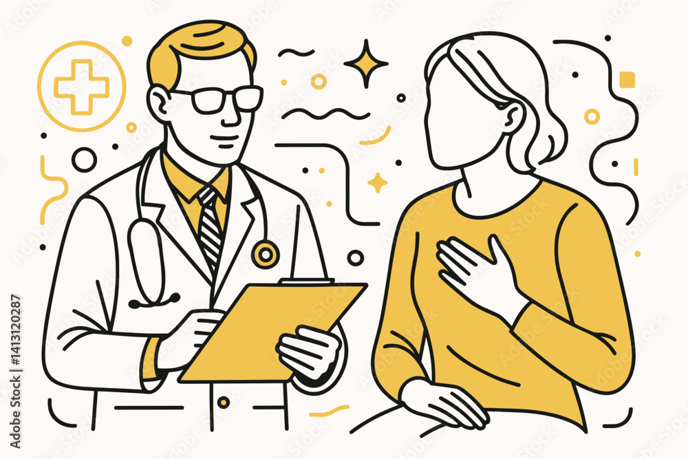 Doctor and patient. Modern flat line art illustration. Trendy outline vector graphic elements. Creative concept. Black and yellow colors isolated on white background Doctor and patient. Modern flat line art illustration. Trendy outline vector graphic elements. Creative concept. Black and yellow colors isolated on white background