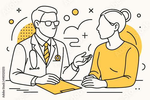 Doctor and patient. Modern flat line art illustration. Trendy outline vector graphic elements. Creative concept. Black and yellow colors isolated on white background