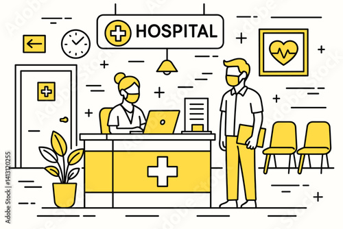 Hospital reception. Modern flat line art illustration. Trendy outline vector graphic elements. Creative concept. Black and yellow colors isolated on white background
