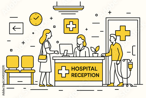 Hospital reception. Modern flat line art illustration. Trendy outline vector graphic elements. Creative concept. Black and yellow colors isolated on white background