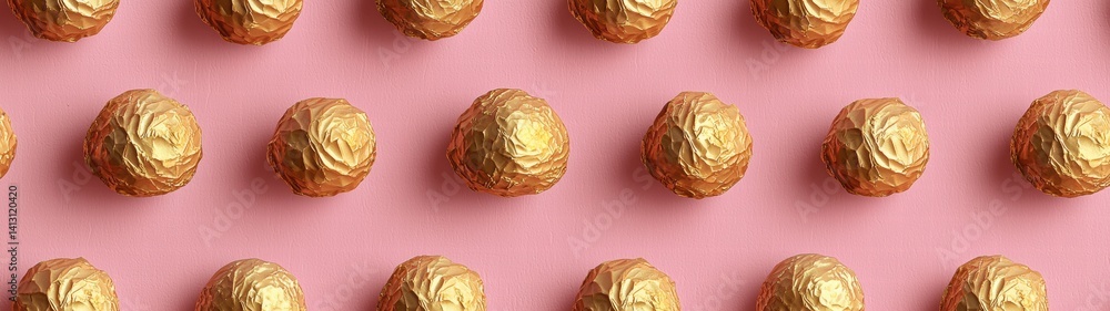 Fototapeta premium Gold foiled eggs artistically arranged on a soft pink background for a festive look