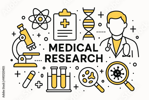 Medical research. Modern flat line art illustration. Trendy outline vector graphic elements. Creative concept. Black and yellow colors isolated on white background