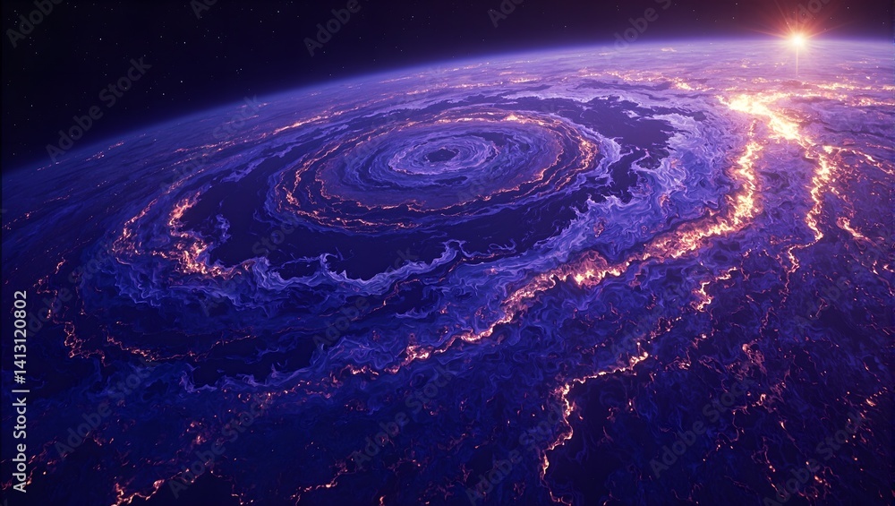 Fototapeta premium Explore the mesmerizing beauty of a distant alien planet its surface cloaked in swirling fractal patterns in shades of violet and indigo kissed by golden light