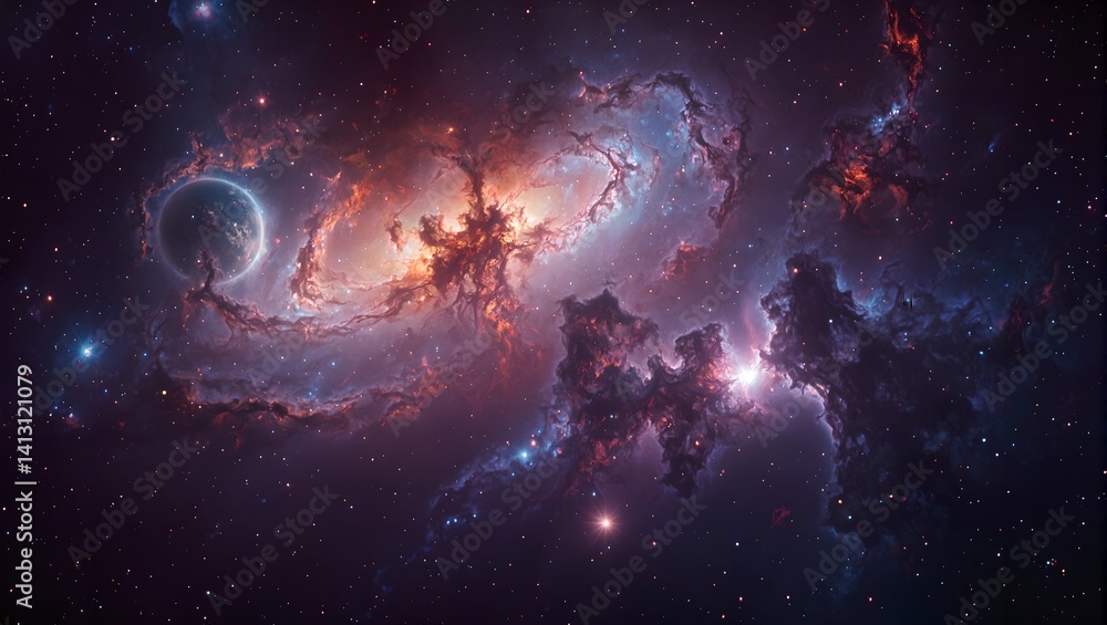 Fototapeta premium Vibrant nebula surrounding a young planet with colorful gas and dust creating a luminous vortex in deep space