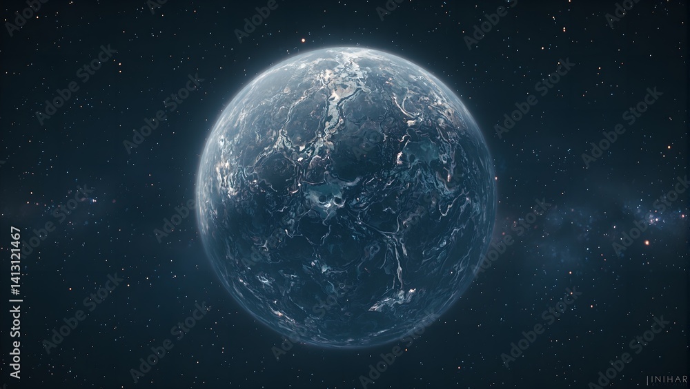 Fototapeta premium Mysterious small planet with cratered terrain icy surface and radiant stars against a soft diffused light backdrop