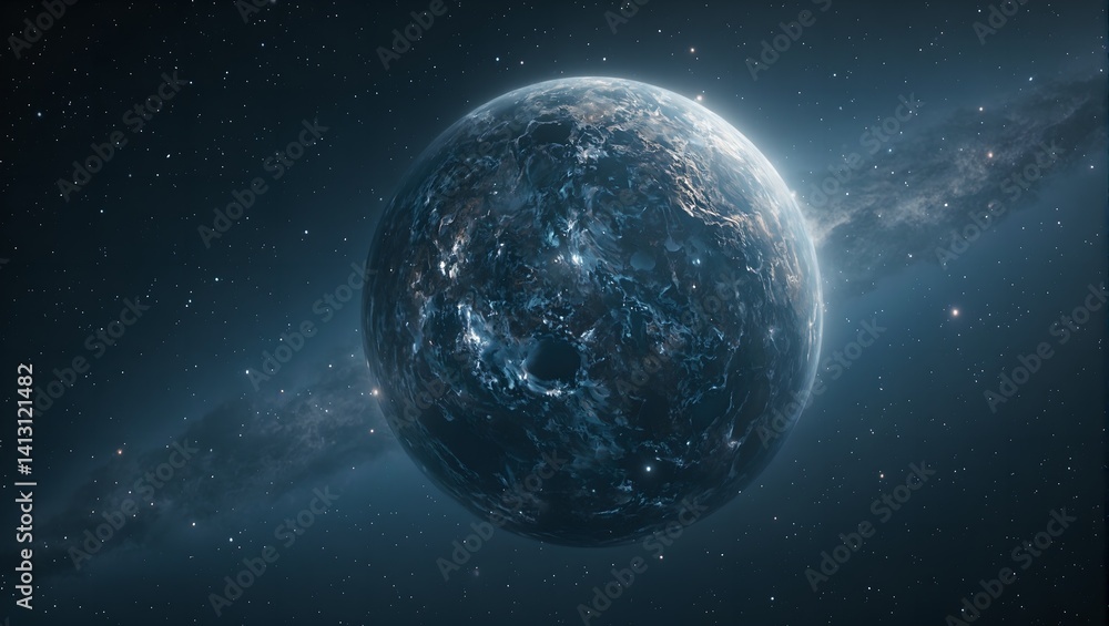 Mysterious small planet with cratered terrain icy surface and radiant stars against a soft diffused light backdrop Mysterious small planet with cratered terrain icy surface and radiant stars against a soft diffused light backdrop