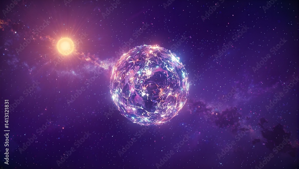 Obraz premium Discover a captivating glass planet reflecting a kaleidoscope of hues circling a luminous star in a magical cosmic vista