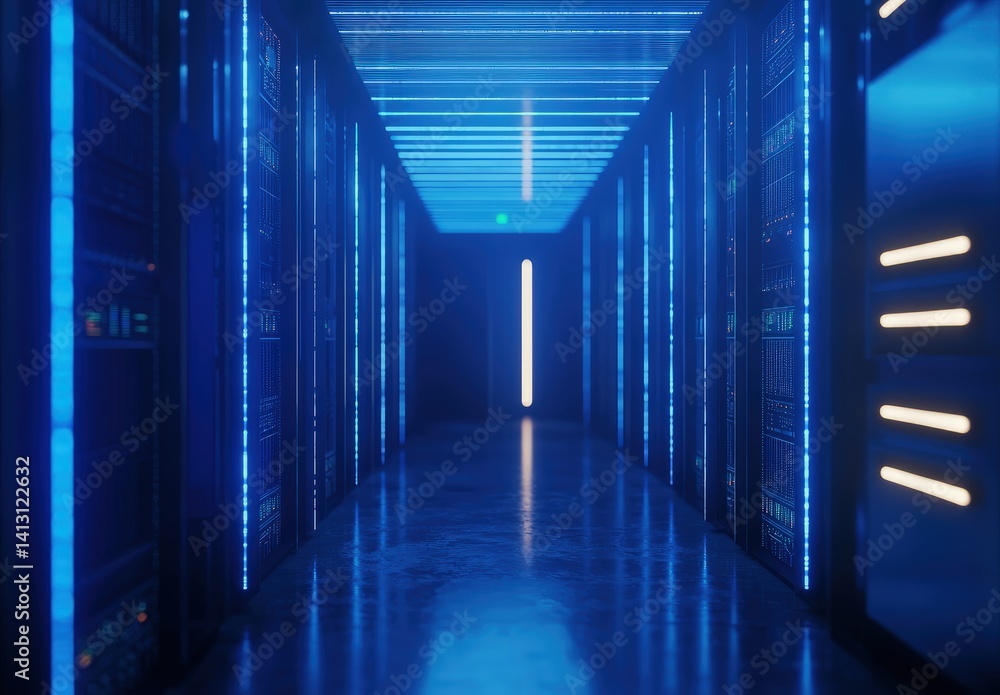 Fototapeta premium Futuristic data center corridor with glowing blue server racks and neon lights. Ideal for tech promotions, cybersecurity visuals, cloud services, and IT infrastructure themes
