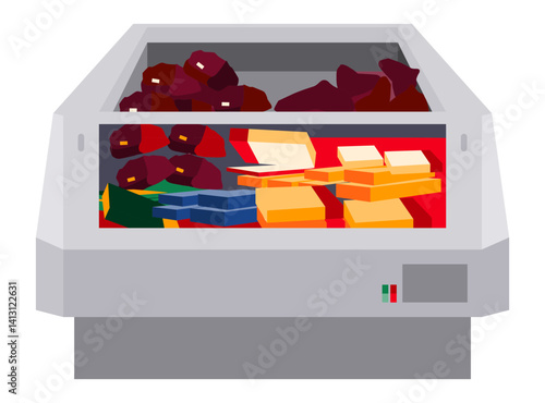 Grocery store chest freezer illustration. Refrigerator for semi-finished products.