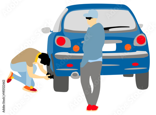 Teamwork in Action fixing a car. People on the road are trying to solve the problem with automobile. Hand drawn flat cartoon style illustration.