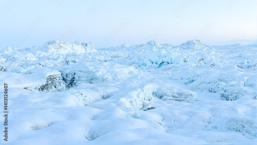 Magnificent arctic plateau landscape with smooth snow waves and rugged ice under crystal clear winter light Magnificent arctic plateau landscape with smooth snow waves and rugged ice under crystal clear winter light