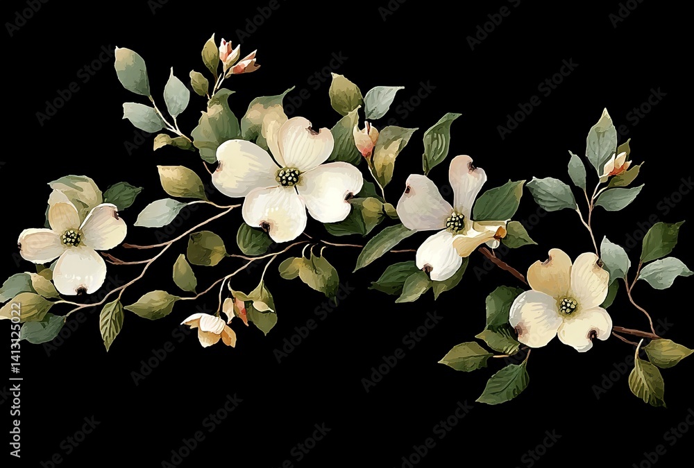 Obraz premium Floral chiaroscuro contrast. White blooms against darkness emphasize purity and artistic drama. Used in haute couture visuals, luxury packaging, or emotional photography.