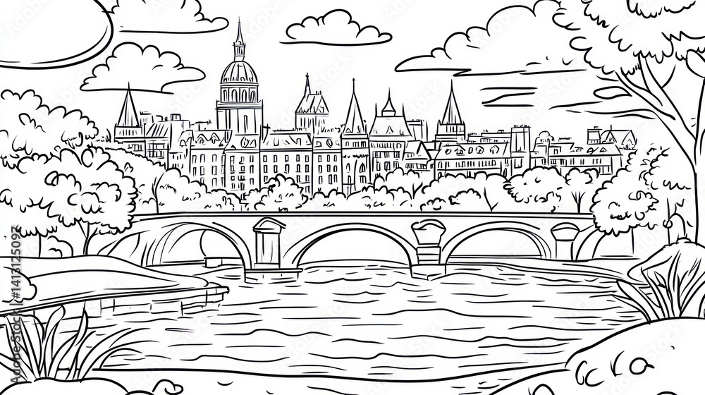 custom made wallpaper toronto digitalParis cityscape coloring page, bridge, river, trees
