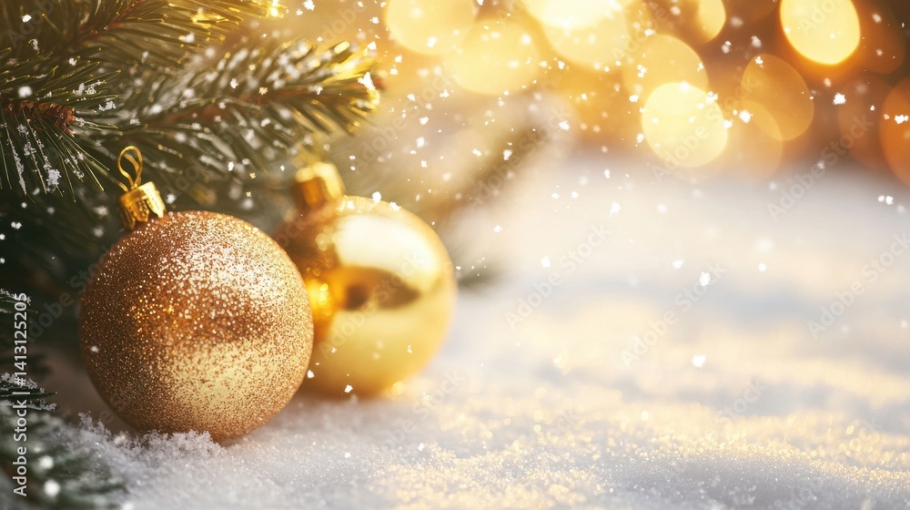 Obraz premium Golden Christmas Ornaments on Snowy Surface with Glowing Lights