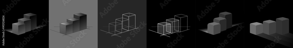 Abstract 3D isometric set of black, outline cubes for business intelligence, statistics, analytical model, global data, graphs and KPI, data storage in cloud - vector illustration background Abstract 3D isometric set of black, outline cubes for business intelligence, statistics, analytical model, global data, graphs and KPI, data storage in cloud - vector illustration background
