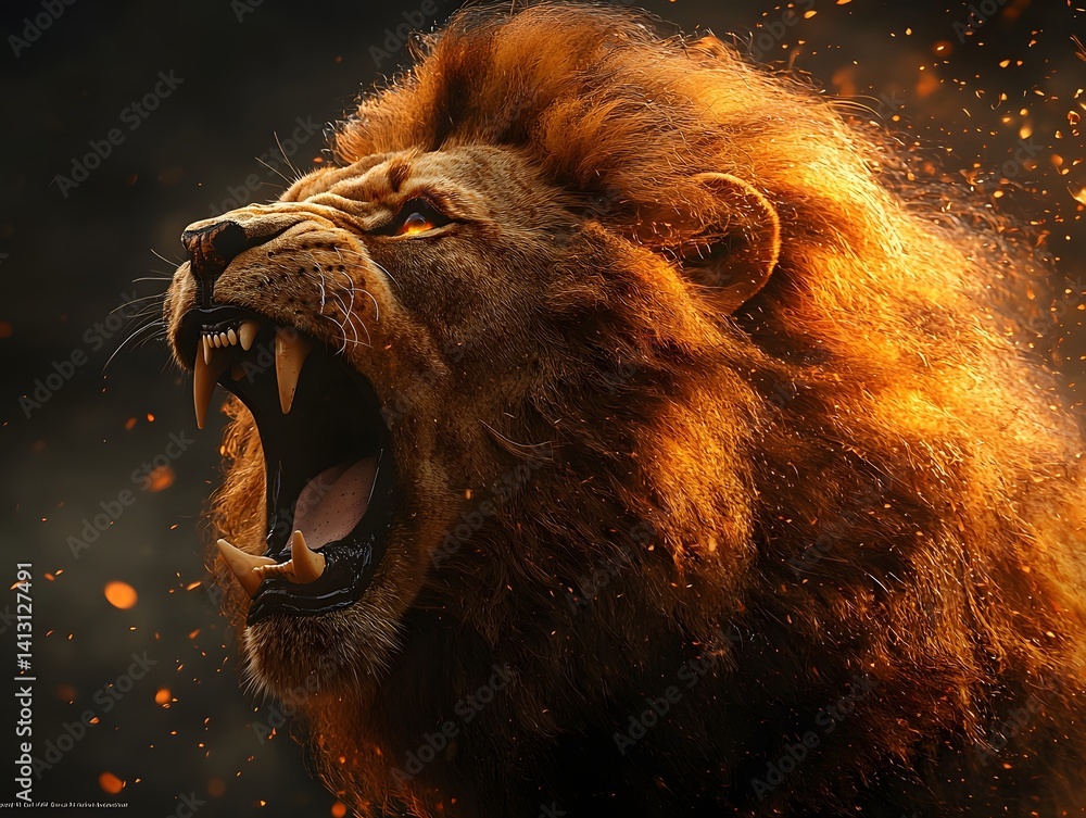 A fierce lion roaring with a dramatic mane flare