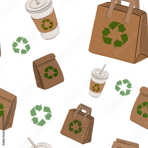 Emballages et sacs écologiques en papier recyclé. Motif répétitif sans coutures vintage et rétro. Fond transparent, illustration graphique minimaliste, pour textile, papeterie, restaurant, fast-food