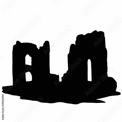 Silhouette of ancient ruins against white background, archaeological symbolism