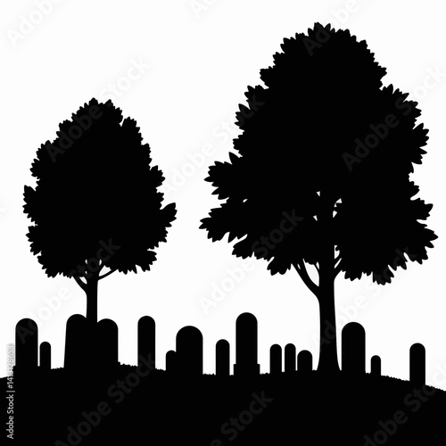 Silhouette of headstones and trees at cemetery, remembrance