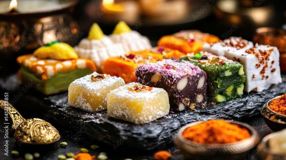 A plate of assorted candies and nuts is displayed on a black table A plate of assorted candies and nuts is displayed on a black table