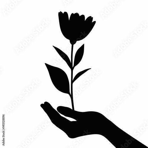 Silhouette of flower held by hand on white background, offering love