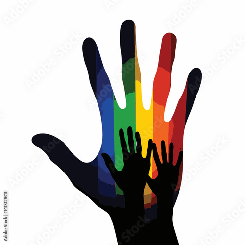 Colorful rainbow handprints silhouette against white background, unity